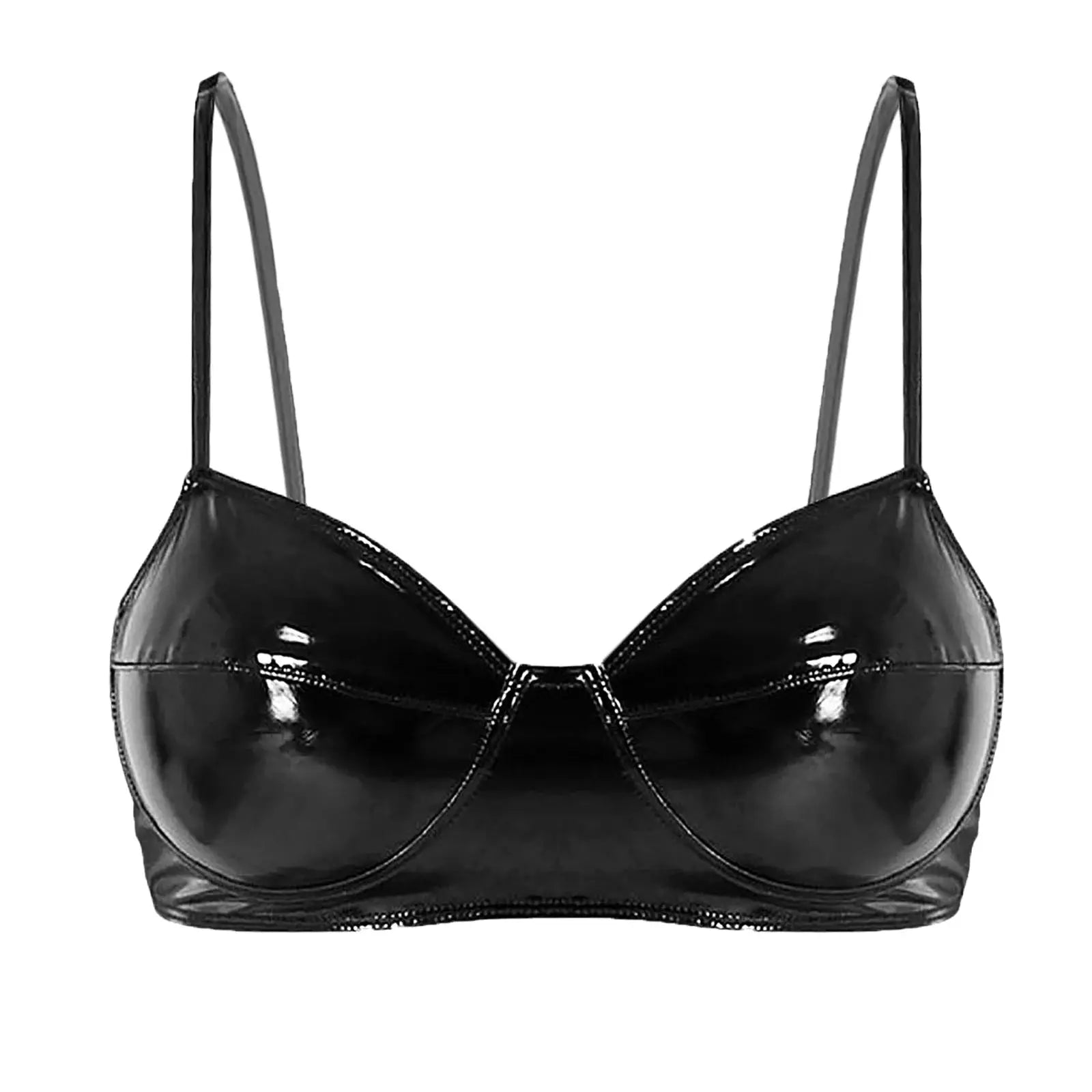 Women's glossy black patent leather bra top from Simples Market with thin straps
