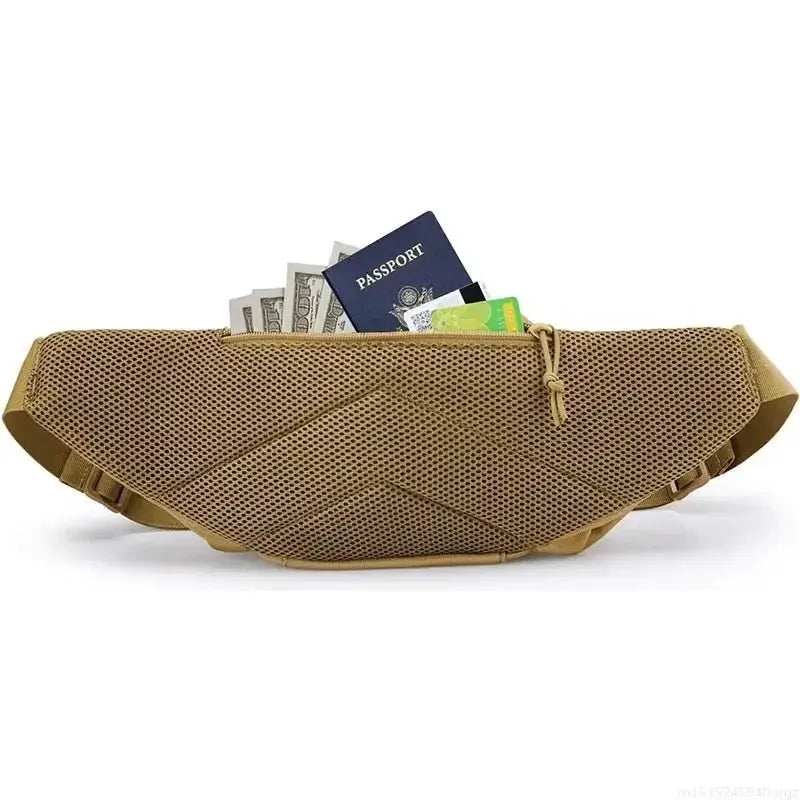 Simples Market tactical waist pack in tan mesh; multi-functional bum bag for hiking, holds passport and cash.