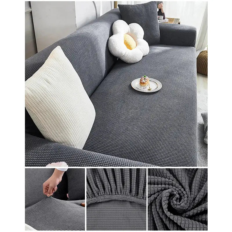 Elastic jacquard sofa cover for sectional couch in dark gray; stretch fabric slipcover.