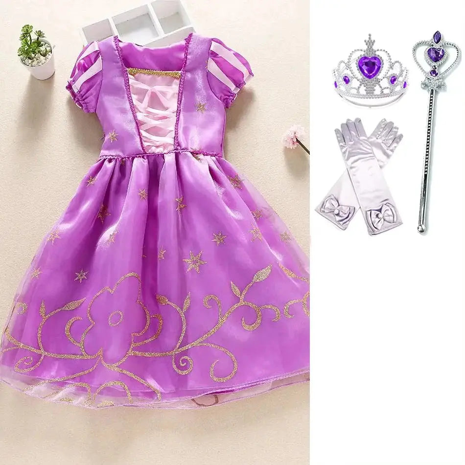 Kids Princess Costume Party Dress With Floral Pattern And Appliques Inspired By Rapunzel And Belle