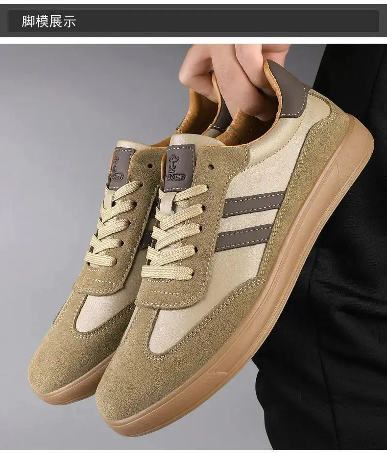 Pair of men's leather sneakers by Simples Market in beige with suede overlays and tan sole