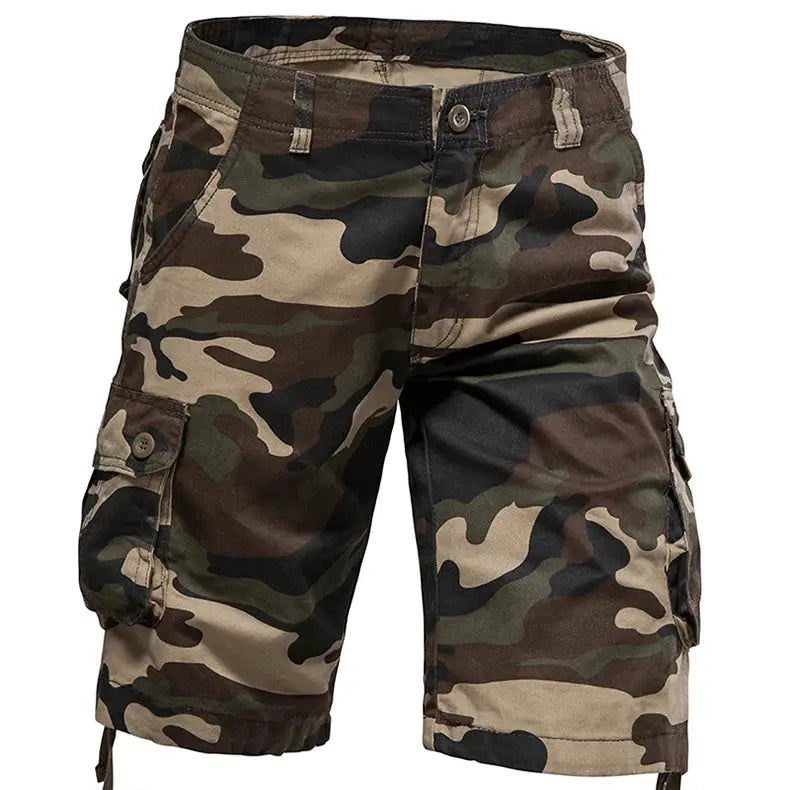 Men's camo cargo shorts with side pockets, cotton, loose-fit outdoor casual shorts