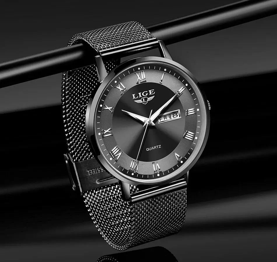 LIGE women's luxury steel mesh watch with Roman numeral dial and day/date display
