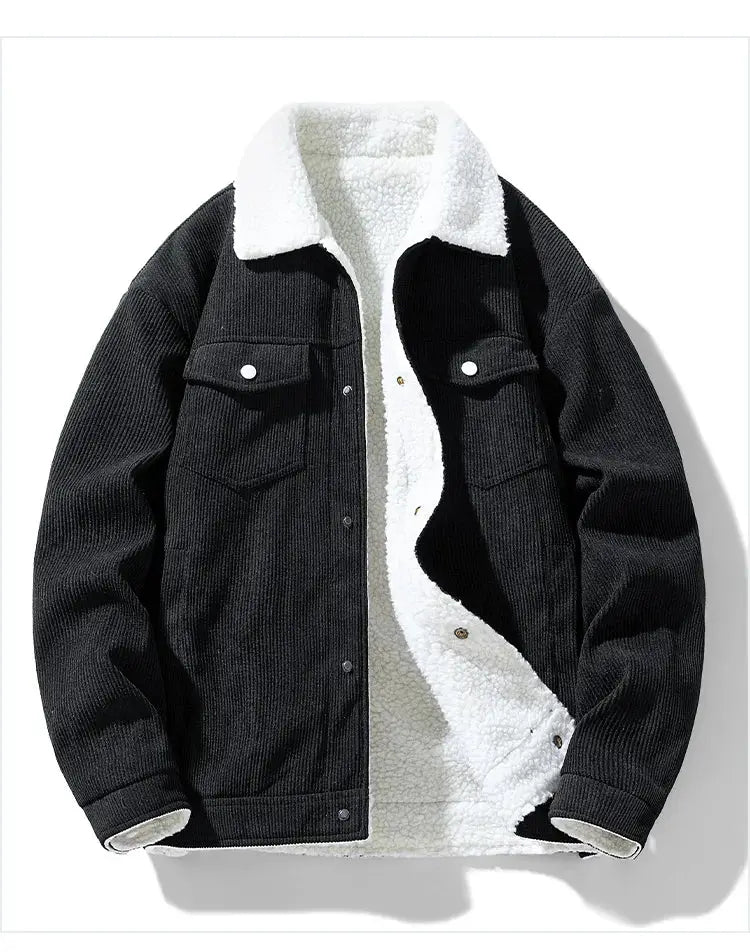 Men's black corduroy jacket with white sherpa lining and snap-button front