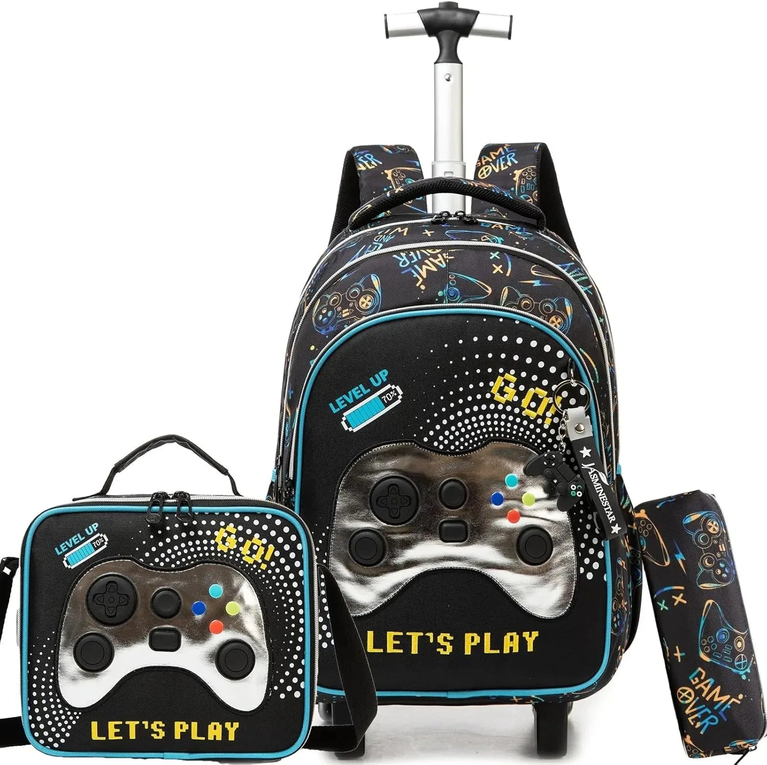 Simples Market 2-piece children's wheeled backpack set with lunch box, black with blue trim and gaming controller print.