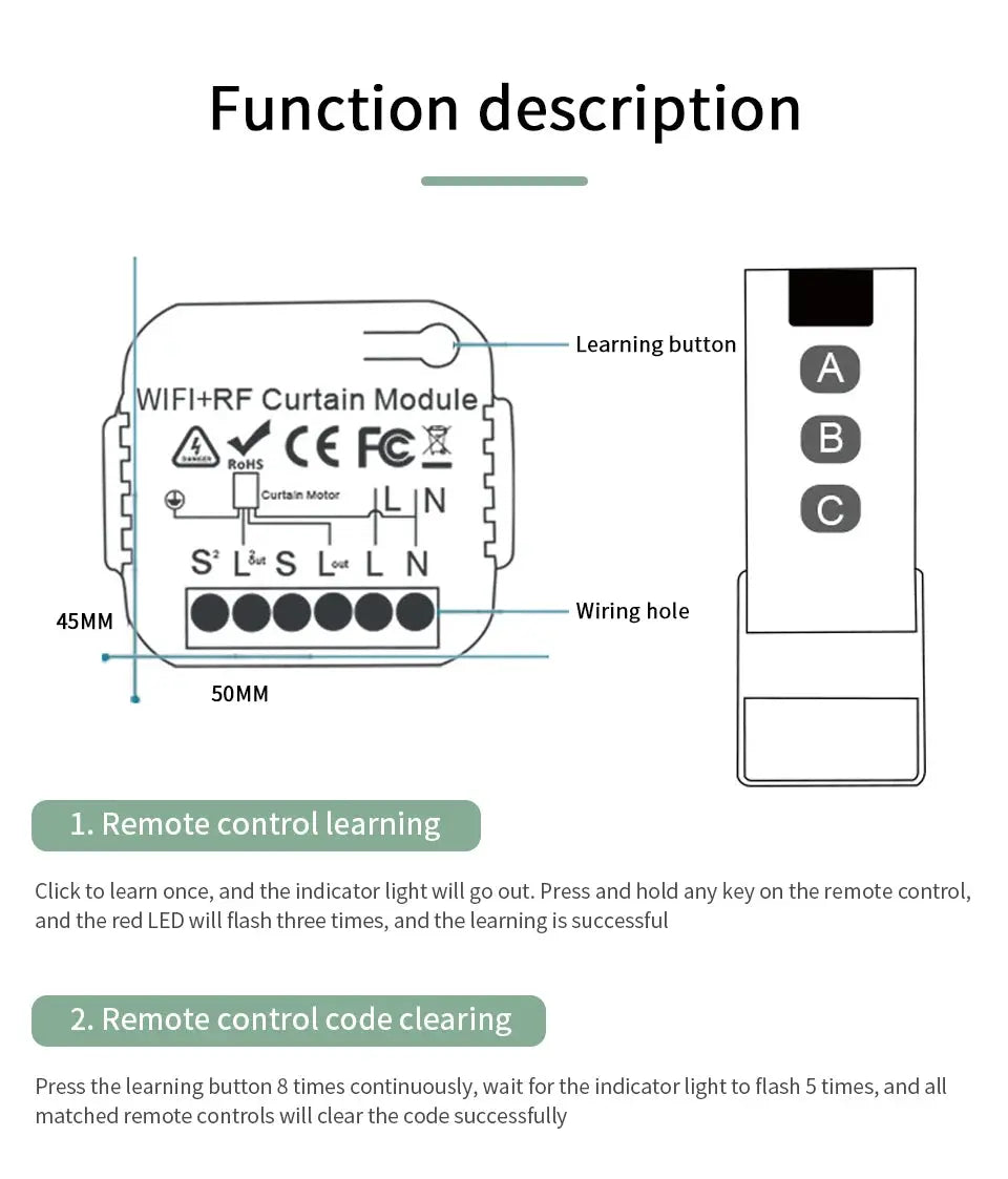 Tuya WiFi curtain switch module with 433MHz RF remote by Simples Market for smart home control