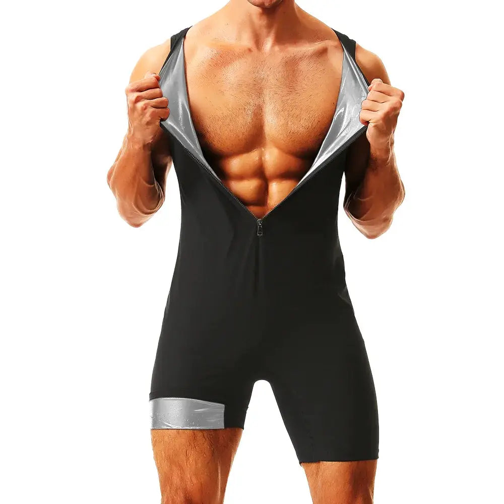 Men's black sauna jumpsuit with silver trim and front zipper, body shaper for workouts