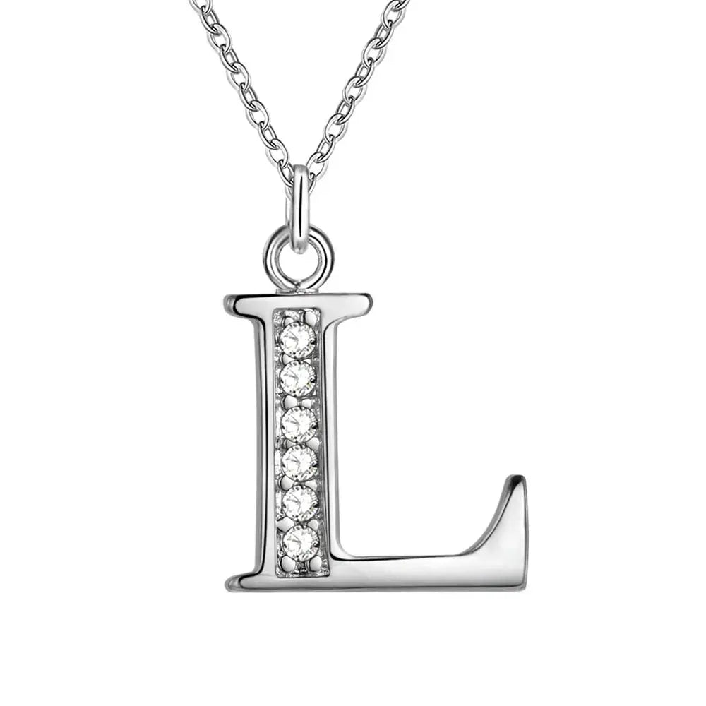 Letter L pendant necklace for women, silver with zircon stones, 925 sterling silver.