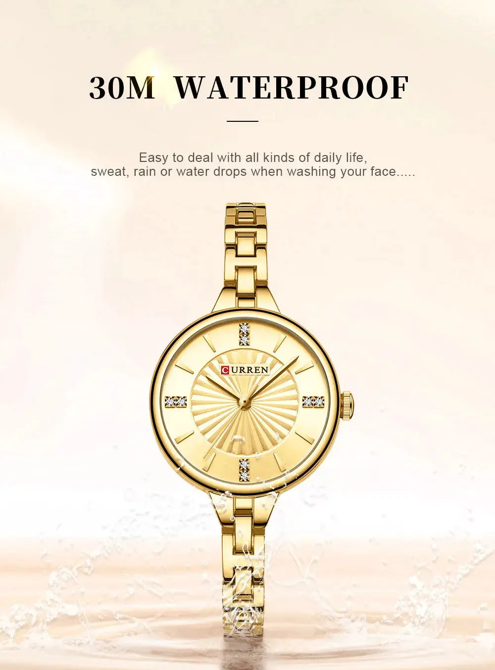CURREN women's gold-tone quartz watch with stainless steel band and crystal hour markers