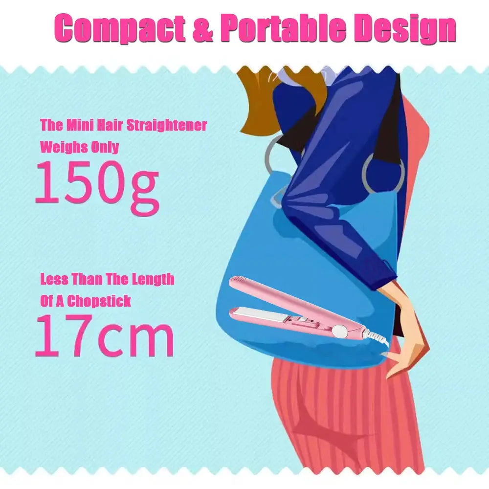 Pink ceramic flat iron hair straightener with floating plates, compact travel design