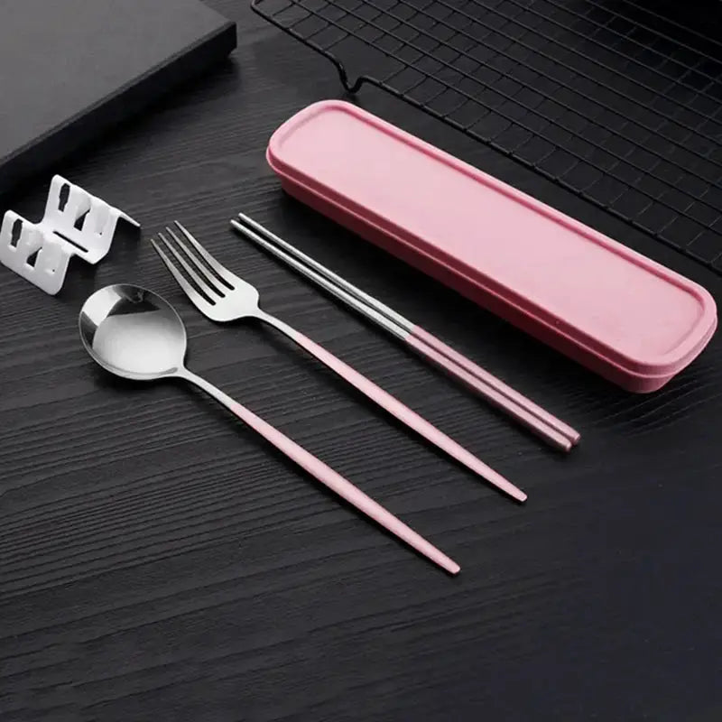 Three Piece Portable Stainless Steel Cutlery Set Chopsticks Forks Spoons For Students Home And Outdoor Picnics
