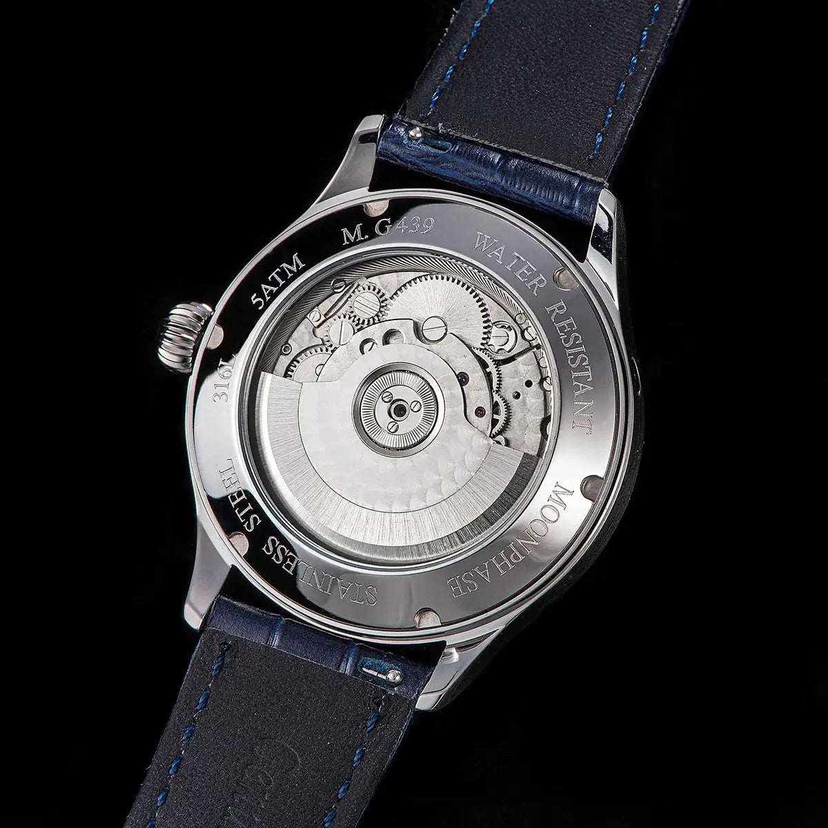 Sugess Moonphase men's watch with stainless steel case back and blue leather strap