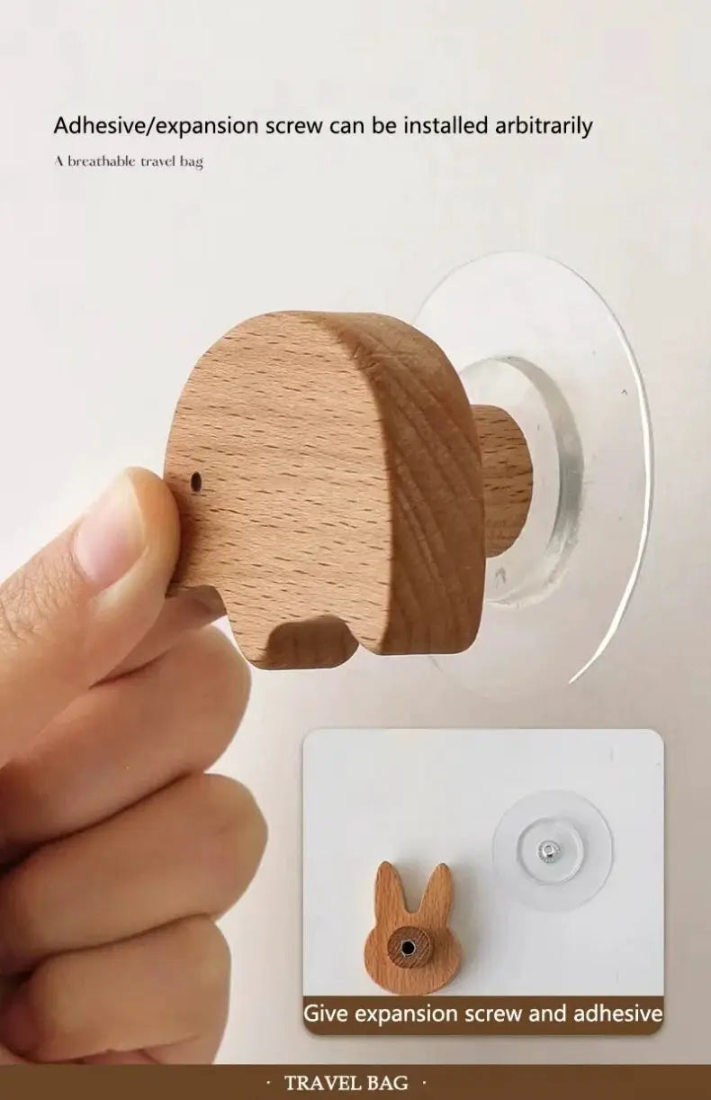 Cute wooden bunny wall hook for kids' room; solid wood with adhesive mounting