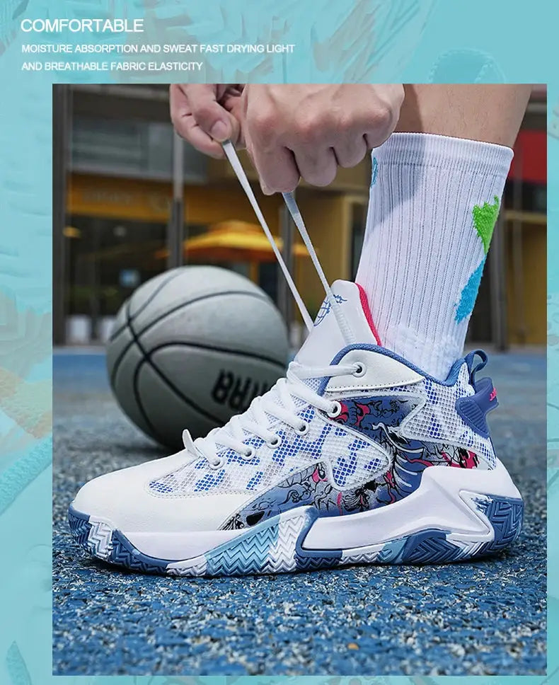 Simples Market men's white sneakers with blue graphic print, breathable mesh, lace-up running style