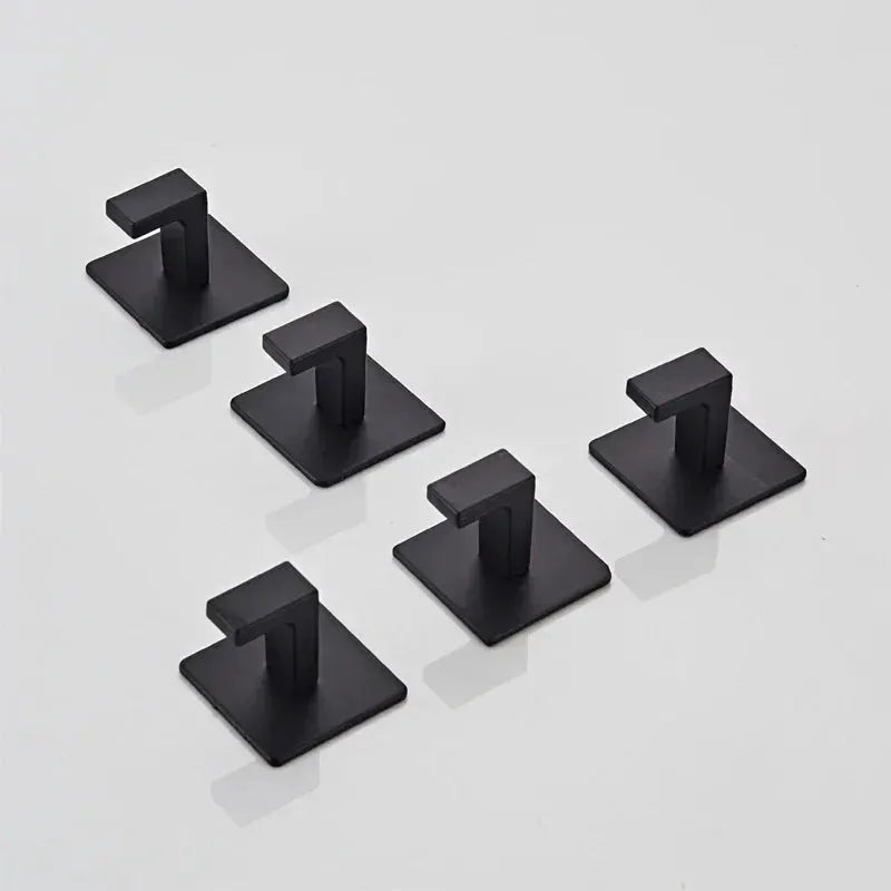 5-pack black adhesive wall robe hooks with square bases and short rectangular posts