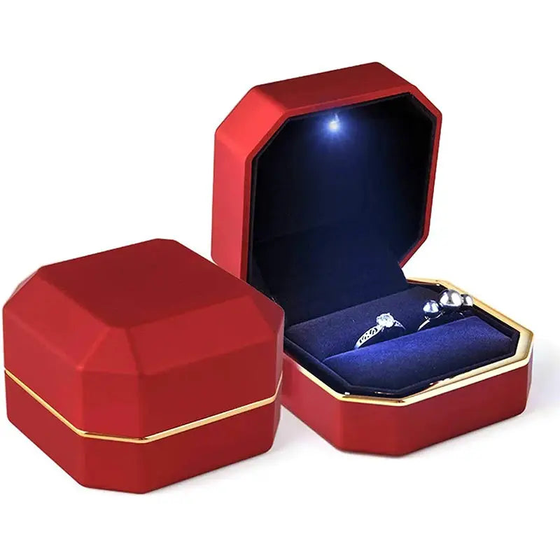 LED Jewelry Ring Box With Light Leather Exterior And Velvet Interior For Proposal Engagement Wedding Gift