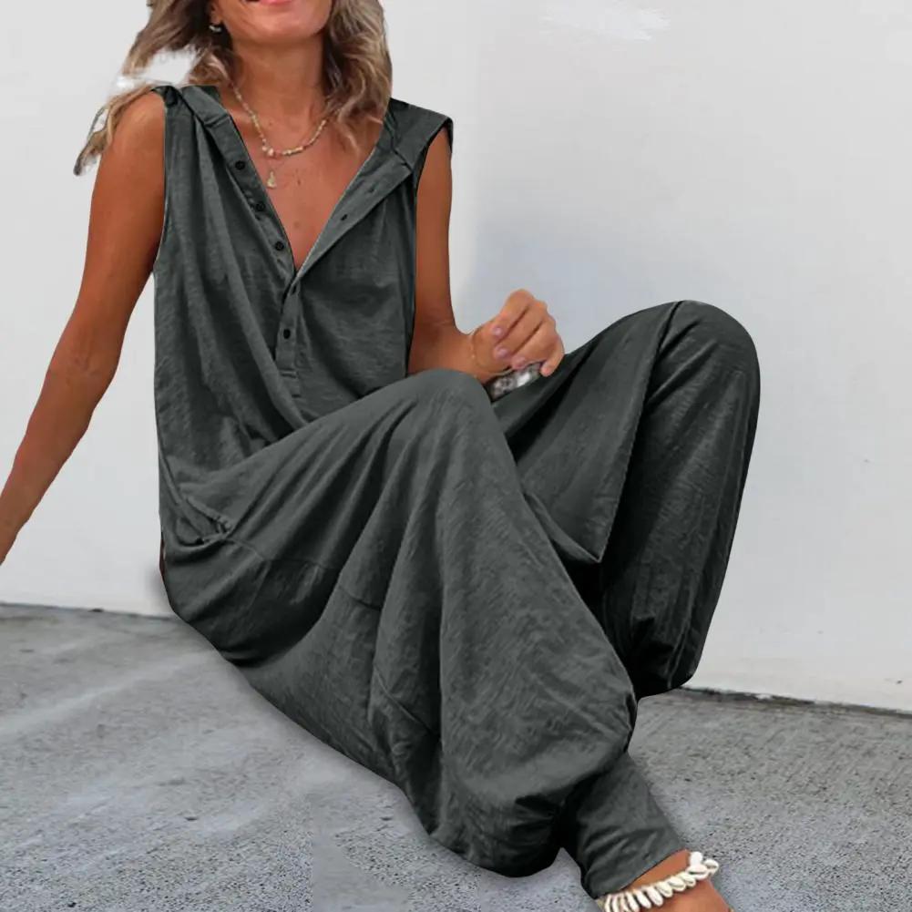 Casual women's cotton overalls in charcoal gray with sleeveless, wide-leg silhouette.