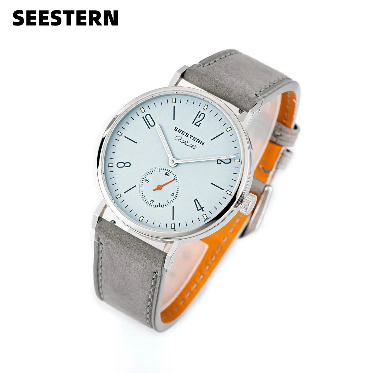 SEESTERN men's watch with automatic movement, light blue dial, silver case, gray leather strap