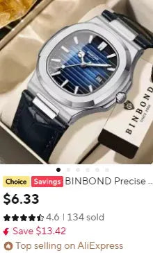 BINBOND men's wristwatch with blue dial and stainless steel case