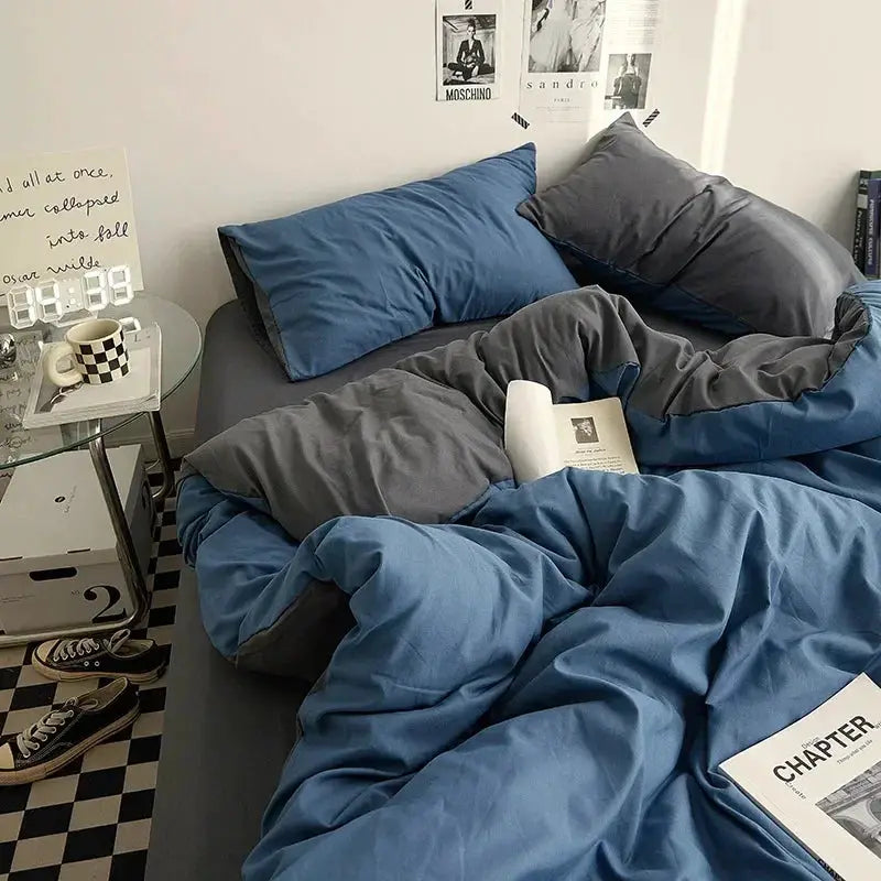 Duvet set, solid-color double-washed cotton bedding in blue and gray, 4-piece dorm room set