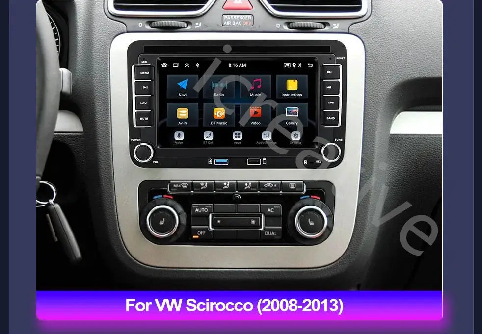2Din Android car radio with touchscreen and silver bezel, installed in VW Scirocco (2008–2013) center console