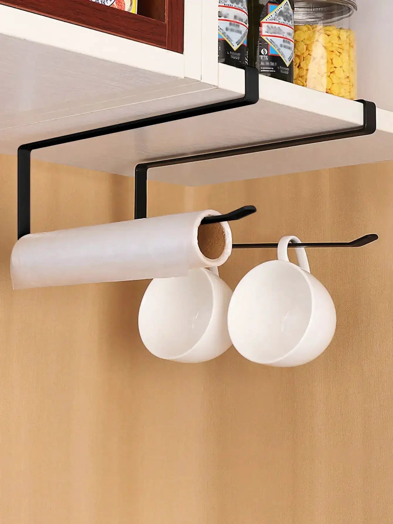 Paper roll holder and towel rack, black metal hanging under cabinet with two mugs