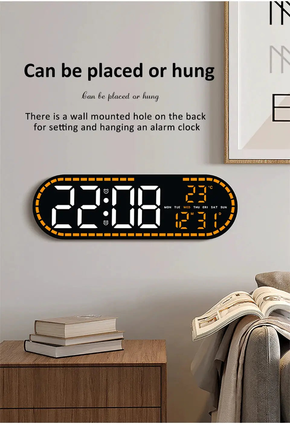 Digital LED wall clock Simples Market, black oval with orange border, large white time, 23°C, date and weekday display