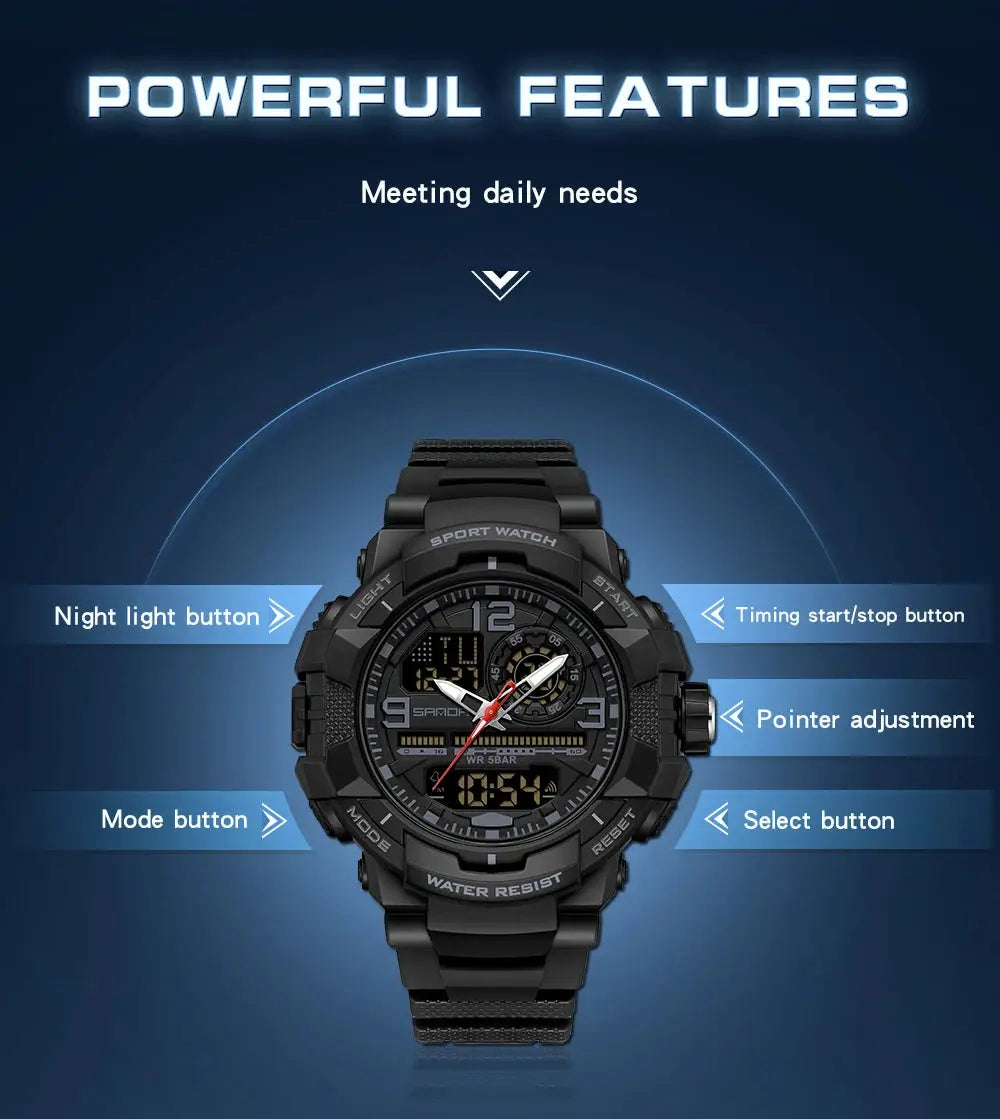 SANDA 6130 dual-display men's sport watch by Simples Market, rugged black waterproof electronic quartz with LED display