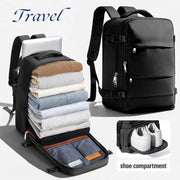 Simples Market travel backpack, waterproof black carry-on with laptop sleeve, multiple pockets and shoe pocket