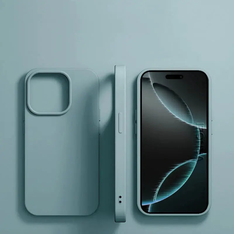 Original liquid silicone phone case for Apple iPhone, teal, shockproof back cover; shown in front and back views.