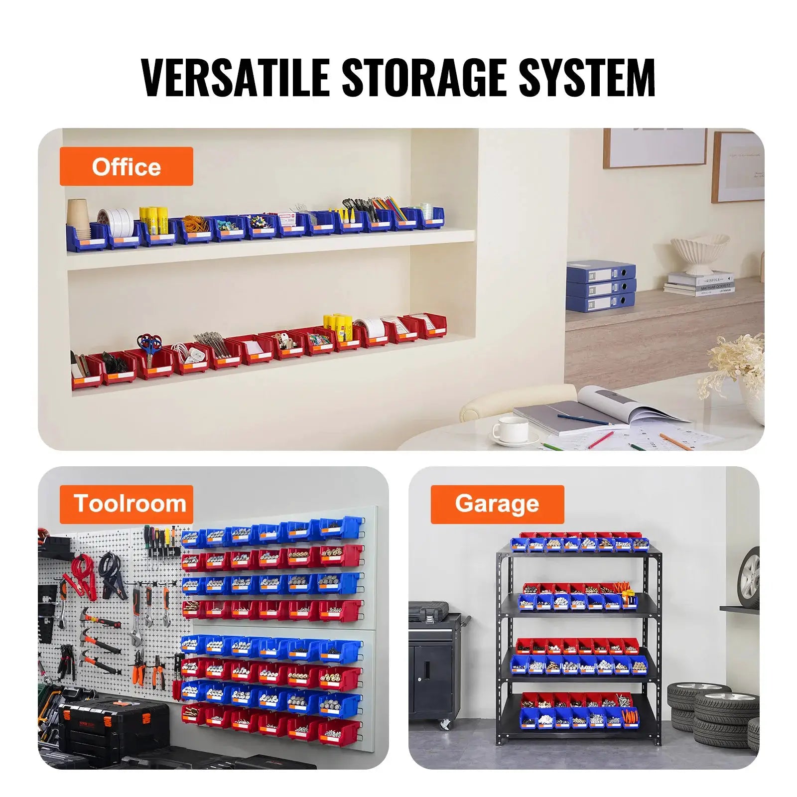 SucceBuy 24pc storage bin set on freestanding tiered shelf with blue and red plastic bins