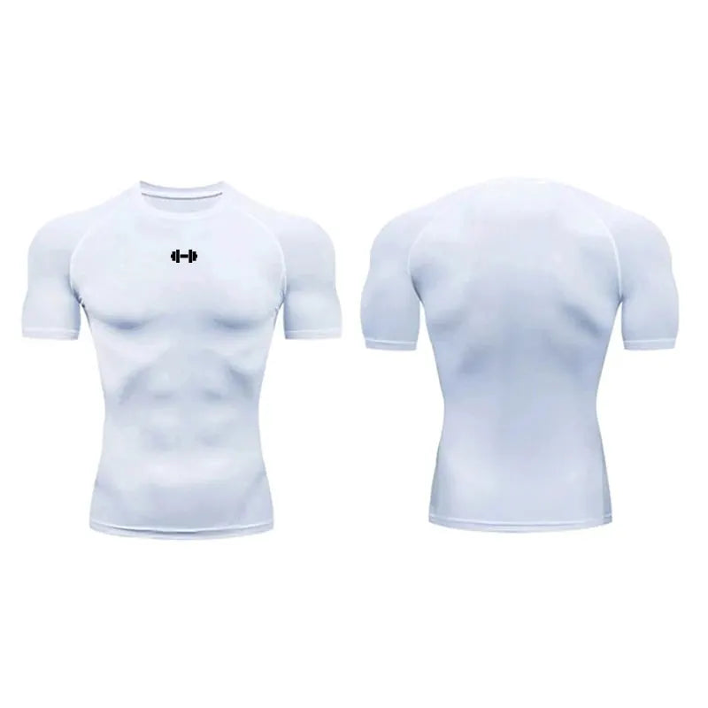 Men's compression T shirt, white quick-dry athletic top with Simples Market logo, front and back views.