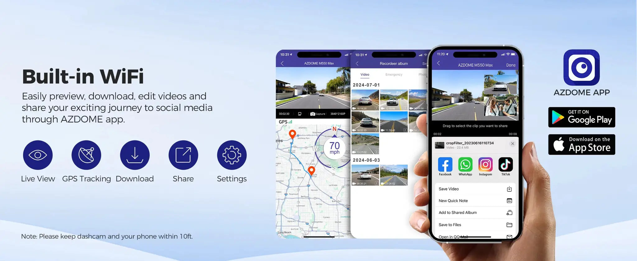 AZDOME M550 Max dash cam with built-in GPS and WiFi, shown with AZDOME app on smartphones