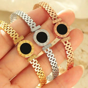 Women Black Stainless Steel And Acrylic Couple Bracelet With Carved Roman Numerals Fashion Cuff Gift