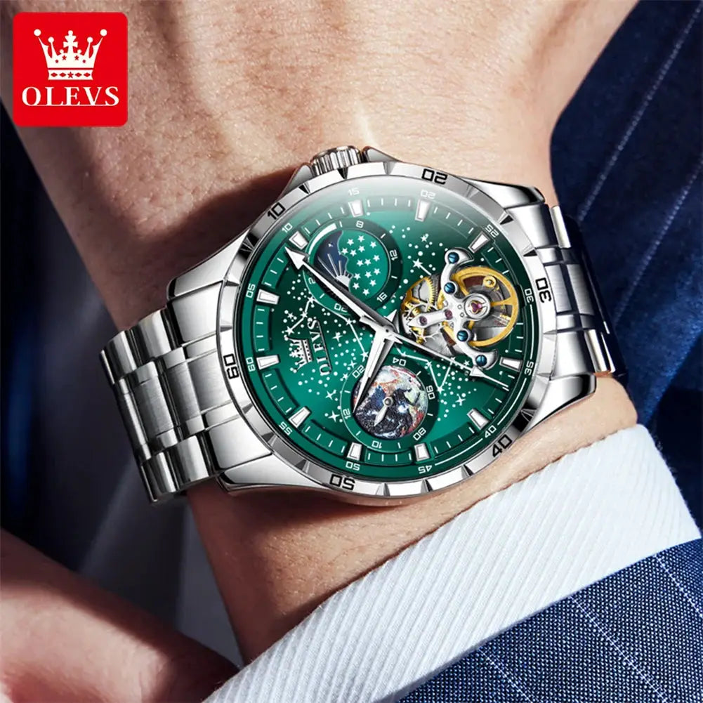 OLEVS men's skeleton automatic watch with green starry dial and stainless steel bracelet, waterproof.