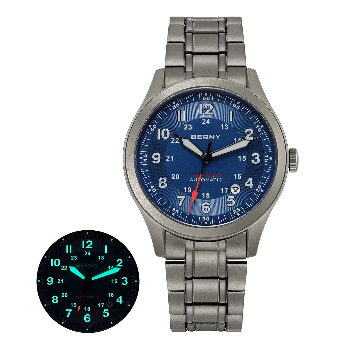 BERNY automatic titanium men's watch with blue dial sapphire crystal luminous hands date window 10ATM metal bracelet