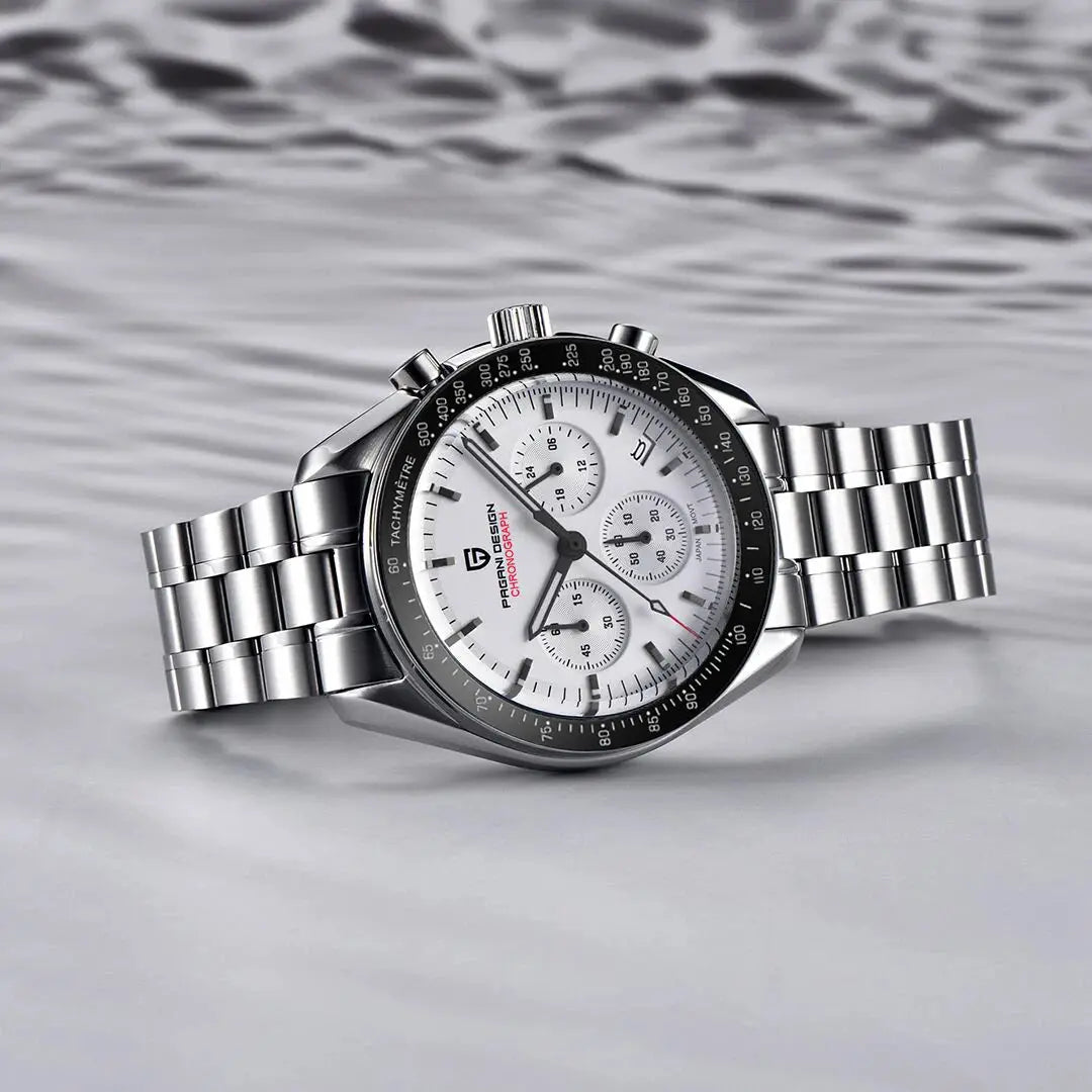 PAGANI DESIGN men's chronograph wristwatch on stainless steel bracelet with white dial.