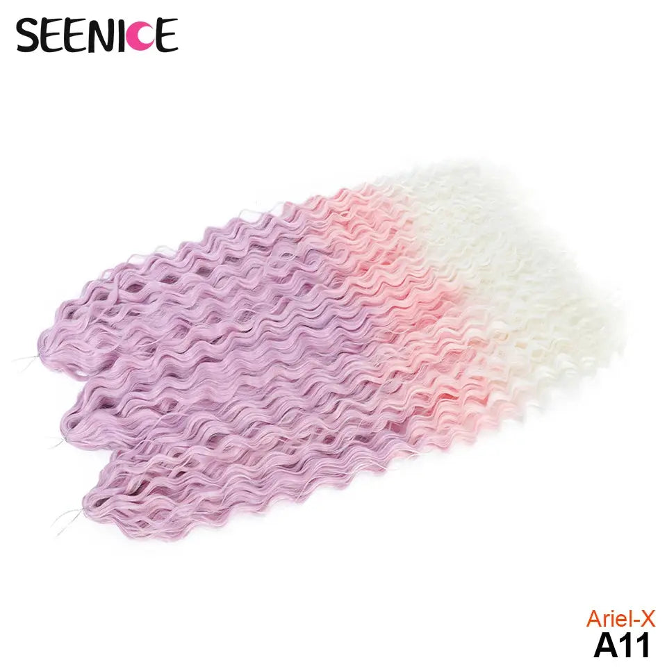 Ariel-X crochet hair extensions in lavender to pink to white ombre with wavy curls; 5 bundles; SEENICE logo