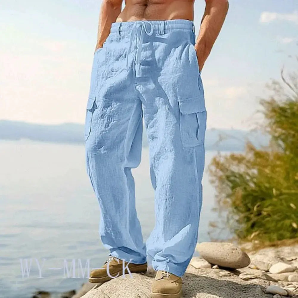 Simples Market men's cotton-linen cargo trousers, light blue, drawstring waist, multi-pocket, relaxed straight fit.