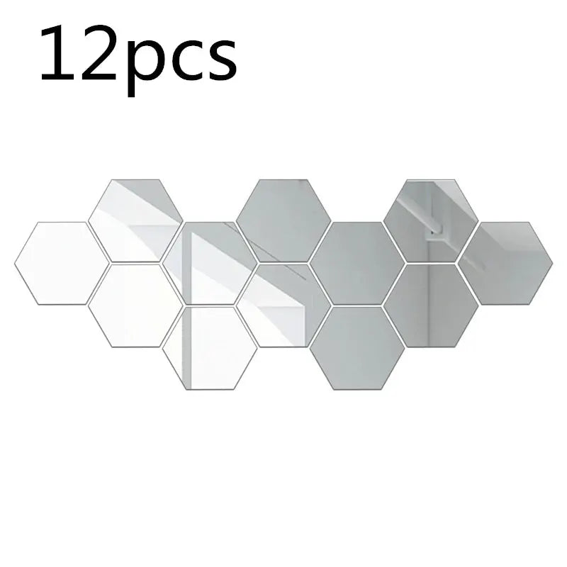 12 Piece Set Geometric Solid Hexagonal Mirror Wall Stickers With Built In Adhesive And Removable For Home Decor
