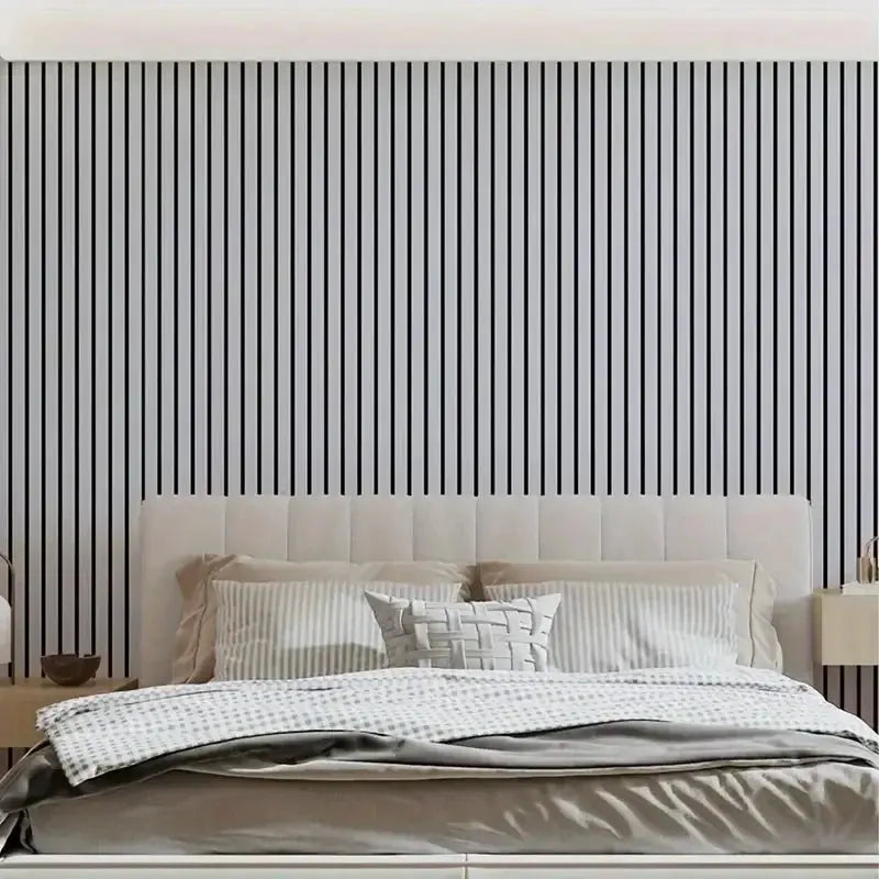 Simples Market wallpaper roll; gray and black vertical stripes, self-adhesive and removable for walls or ceilings.