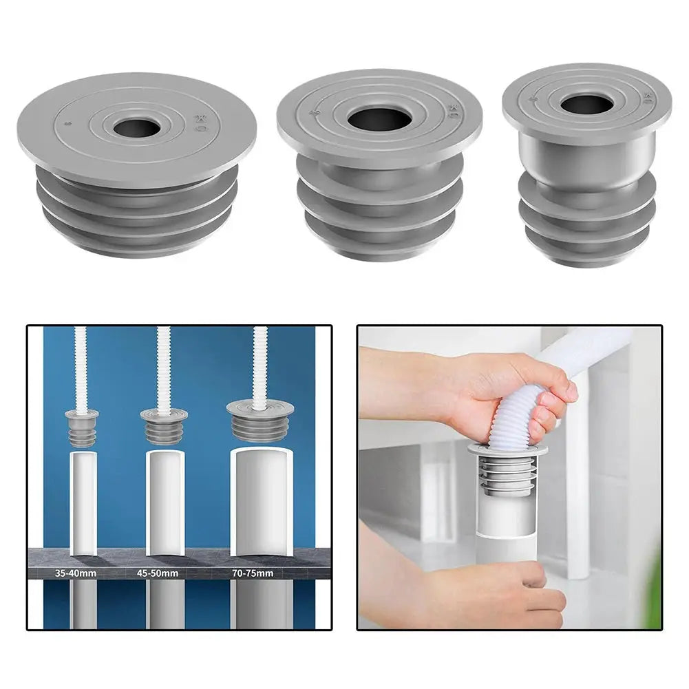 Washing machine drain pipe seal set, gray, 3 pieces, compatible with 35-40mm, 45-50mm, and 70-75mm.