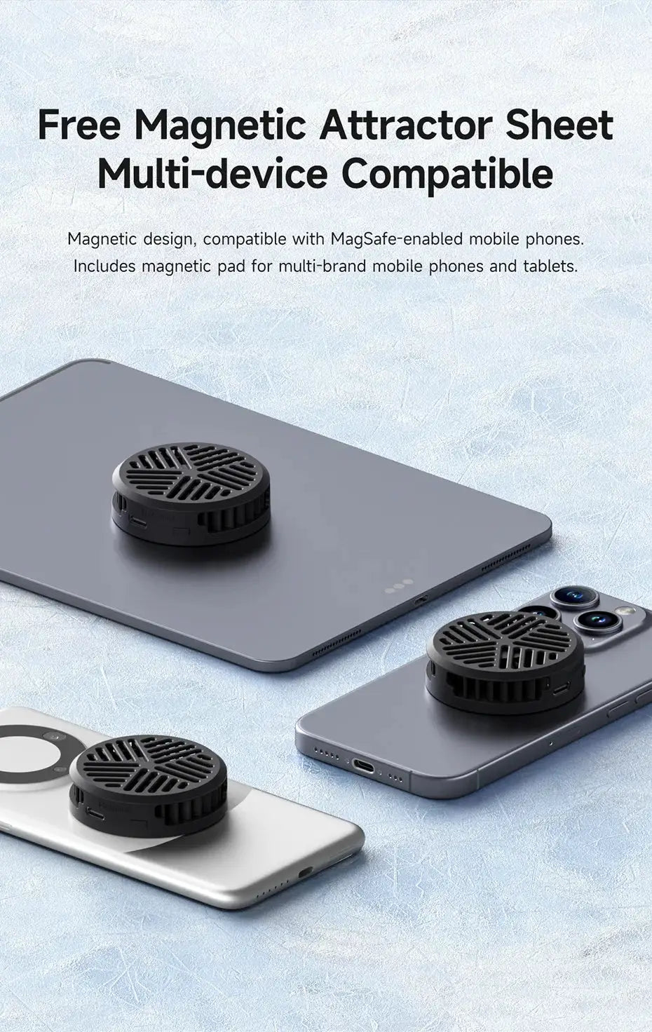 Hagibis magnetic phone cooler; circular black fans attached to 3 devices (phones and tablet)