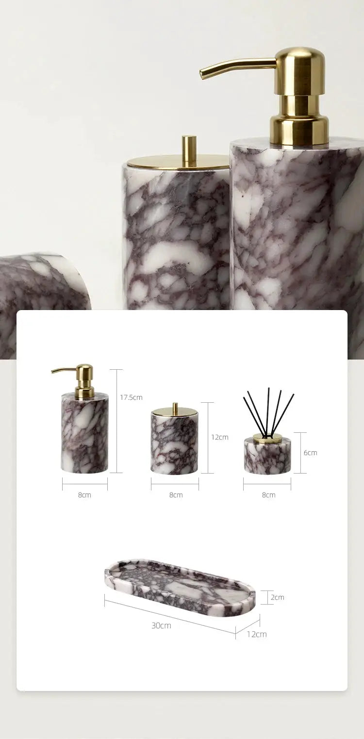 Calacatta Viola violet marble bathroom accessories set by Simples Market: soap dispenser, cotton-swabs jar, and tray.