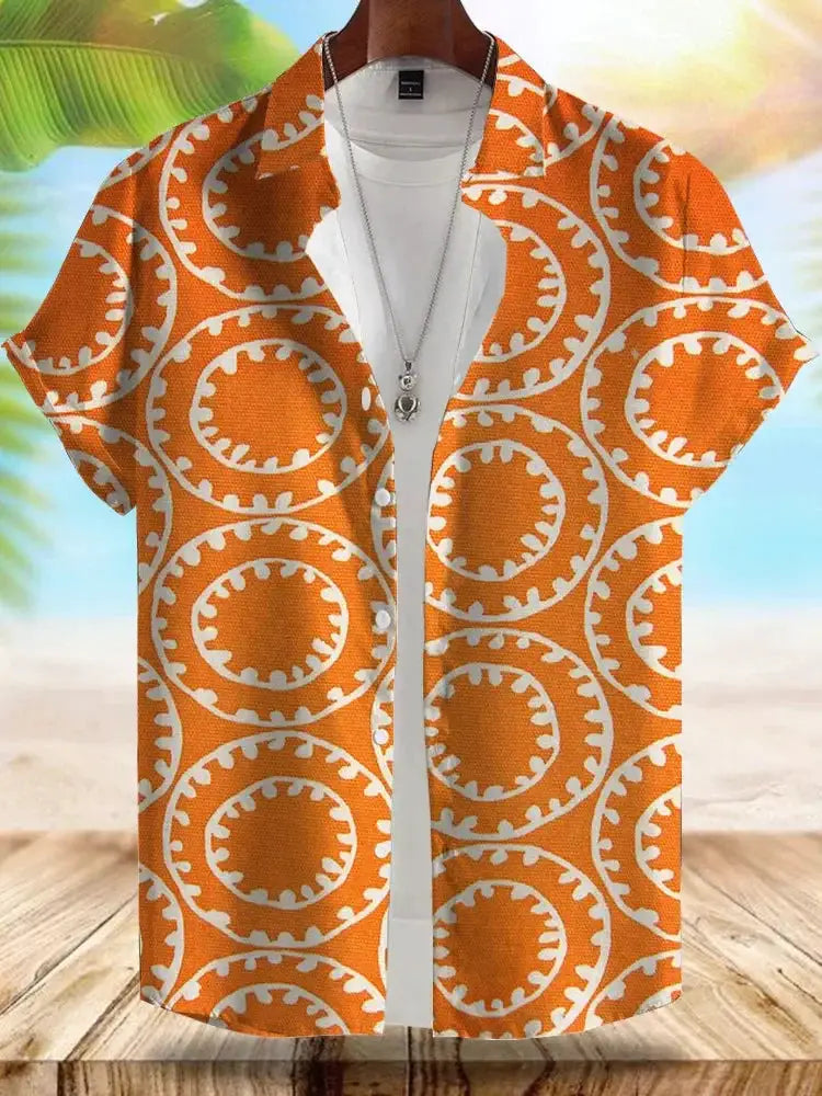 Simples Market Seaside Hawaiian Style men's short-sleeve shirt in orange with white circular pattern.
