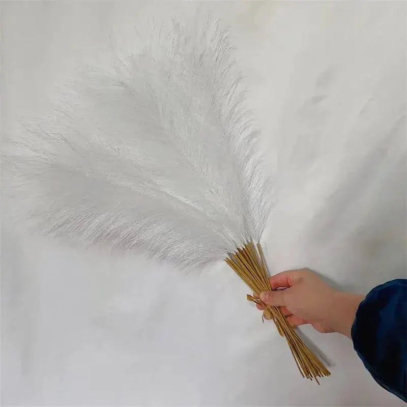 Artificial reed bouquet, 10pcs, white feather-like plumes on brown stems for Bohemian home decor