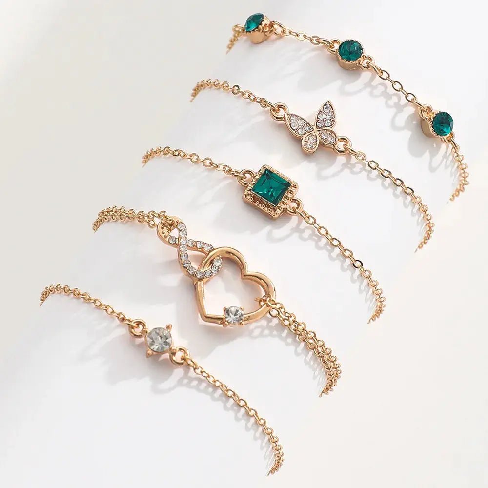 5Pcs Green Crystal Bracelet Set for Women Butterfly Heart Charm Gold Silver Color Chain Bangle Jewelry Trendy - Simples Market