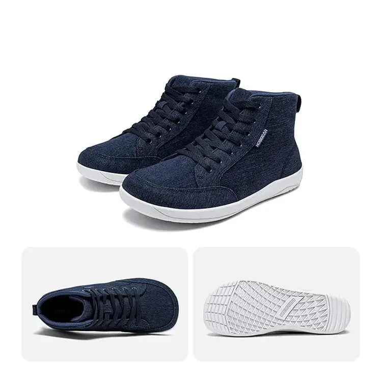 HOBIBEAR mid-top barefoot canvas sneakers, navy blue with white sole, lace-up, unisex