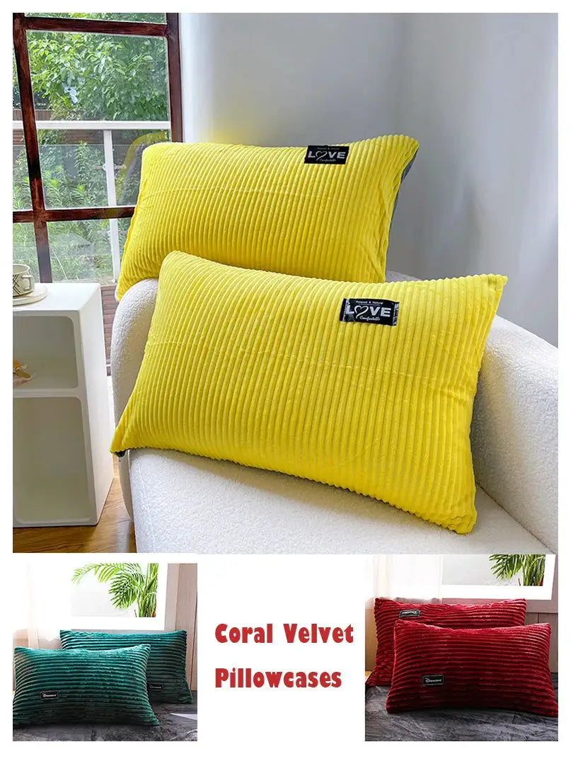 Simples Market coral velvet pillowcases in ribbed yellow, teal and red