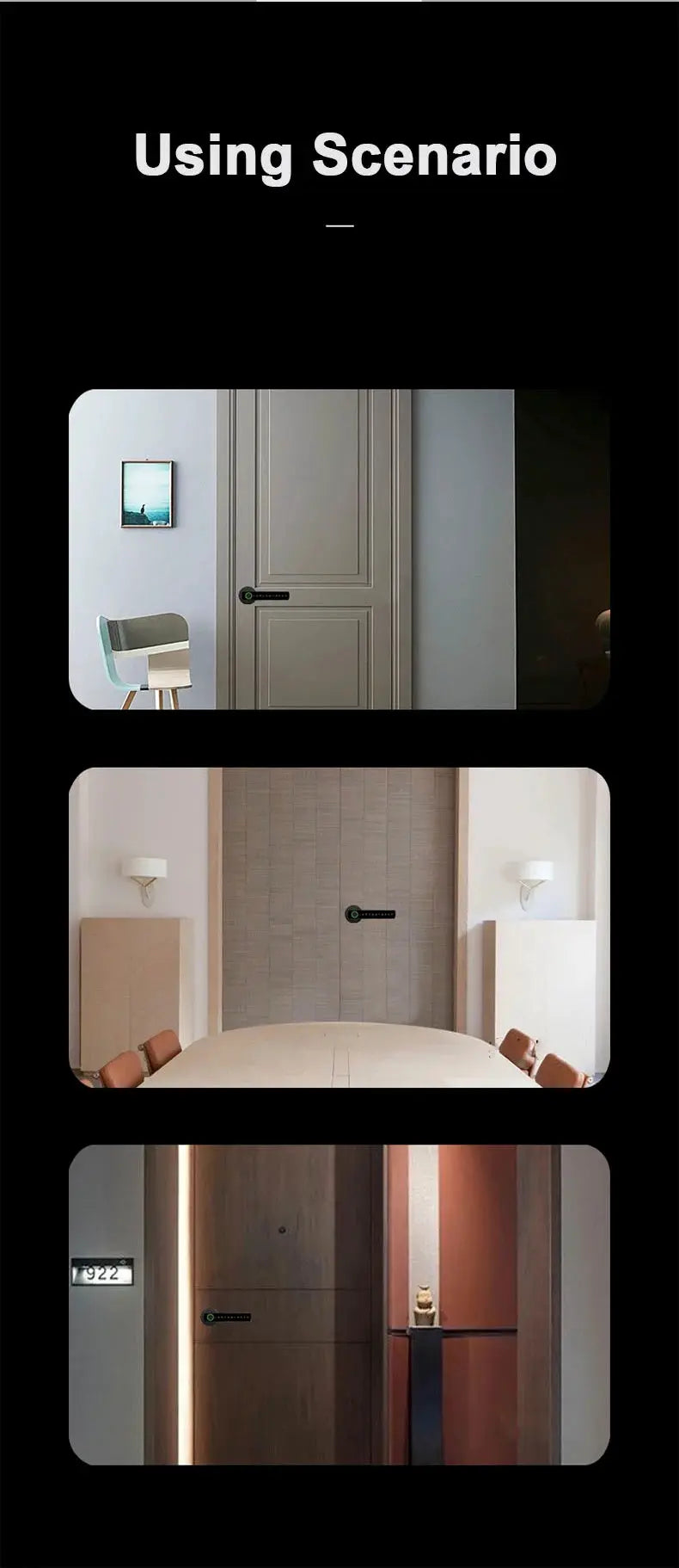 RAYKUBE M5 Tuya BLE fingerprint door lock; black digital lock with green indicator shown on 3 door scenarios